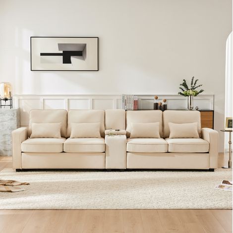 Canapé 4 plazas de lino beige 290x83x88 cm con consola, 2 portavasos y 2 puertos USB (1/5)