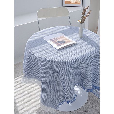 Nappe en dentelle, faite main, crochetée, en coton, grande nappe ronde/carrée en dentelle à motif nid d'abeille, bleu et blanc [Table ronde] 130 x (1/5)