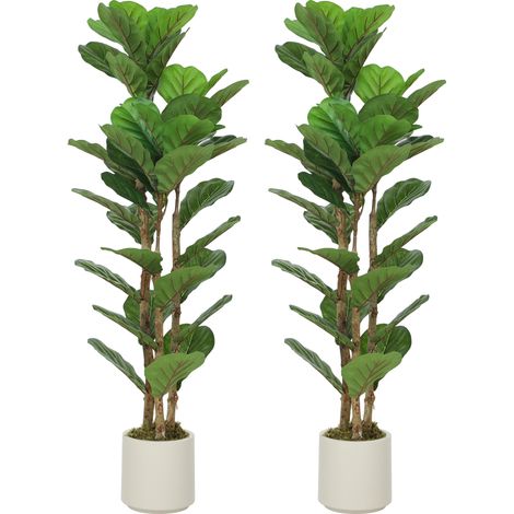 HOMCOM 120cm 2 PCs Artificial Fiddle Leaf Fig Trese with Solid Wood Trunks (1/5)