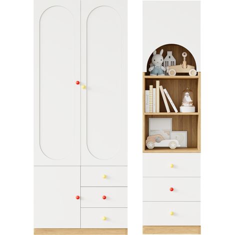 ELVMI Armario con 2 Puertas, Barra, Cajones y Estantería Alta para Dormitorio, MDF Blanco y Natural (1/5)