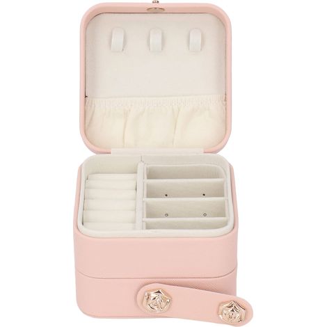 Boîte à bijoux rose portable multicouche en cuir PU, étui de rangement pour la maison, porte-collier avec oreilles (1/5)