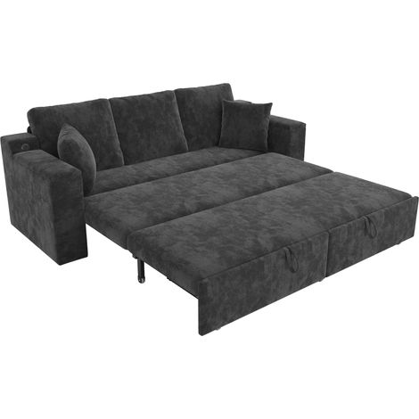Divano letto 3 posti 3 in 1 in ciniglia grigia con telaio in metallo, contenitore e porte USB Type-C (1/5)