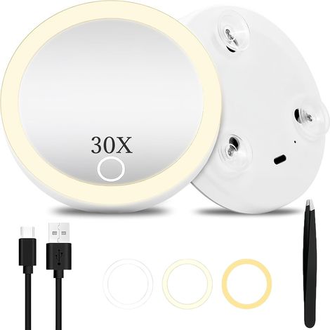 Miroir Maquillage Grossissant Lumineux 30X, éclairage 3 Couleurs, Miroir LED Rechargeable avec Ventouse et Pince à épiler, écran Tactile à Intensité Variable pour Salle de Bain, Voyage, Maison (1/5)