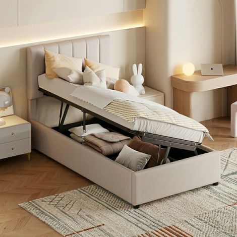 Lit Coffre 90x200 cm, Cadre de lit avec sommier à Lattes et tête de lit en Tissu Lin Lit capitonné avec Rangement lit 1 Place Enfant, Matelas Non Inclus (1/5)