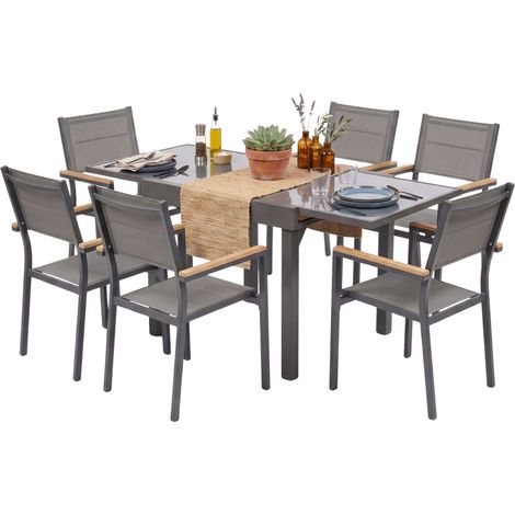 Juego de Muebles Jardín, Mesa Extensible y 6 Sillas Apilables Aluminio Gris 90-180x90 cm (1/5)