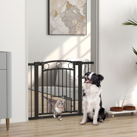 Porte pour animaux, barrière d'escalier 77 cm, largeur réglable 76-104 cm, avec passage pour chat, pour escaliers et ouvertures de porte, noir (1/5)