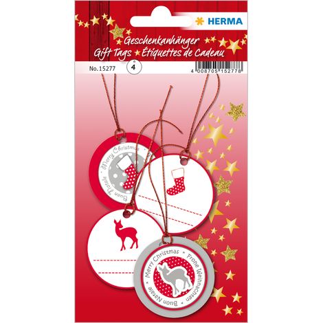 Herma Etiquettes cadeaux de Noël - 3D, 5 cm de diamètre, 4 pièces, rouge et argent vous recevrez 10 paquets de 4 pièces chacun.