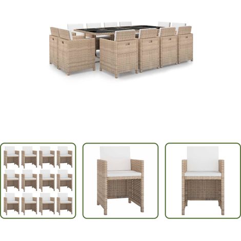 Rattan-Tisch - 13-tlg. Garten-Essgruppe mit Auflagen Poly Rattan Beige (1/5)