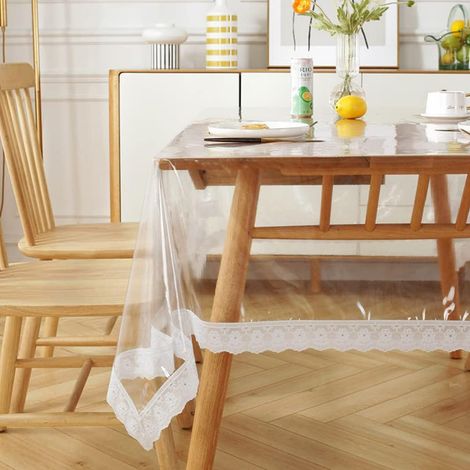 Nappe transparente avec bordure en dentelle, imperméable en PVC transparent 150 x 190 cm, rectangulaire pour jardin, salle à manger et cuisine (1/5)