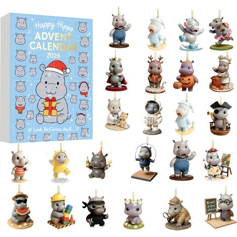 Nilpferd-Adventskalender 2026 – 24 Teile – mehrfarbig – Acryl – niedliches Nilpferd-Motiv – Anhänger – Mini-Sammeldekorationen – geeignet für Weihnachtsbaum und Inneneinrichtung (1/5)