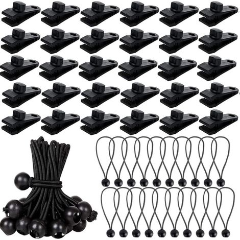 60 PCS Fixation Pince pour Bâche de Verrouillage avec Tendeur Elastique Noir, Clip de Bâche Tente Pince pour Auvent Fixation Bache Tarp Caravan Housse Couvertures de Piscine