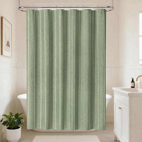 Rideau de Douche Bohème à Bande, Tissu Polyester-Lin à Bande, Revêtement Imperméable Rideaux de Douche pour Salle de Bain Style Campagnard Rustique Shabby Chic Neutre, 182 x 182 cm (1/5)