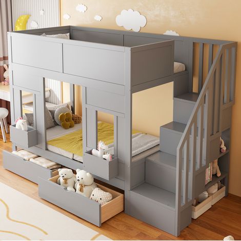 Lit mezzanine enfant moderne en bois gris 90x200 cm avec escalier de rangement, tiroirs, fenêtres et barrières (1/5)