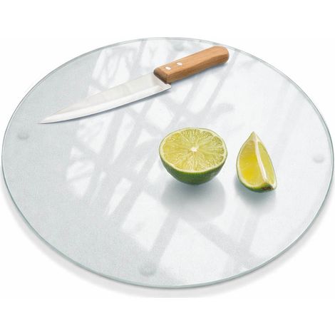 Planche à découper ronde en verre dépoli cuisine avec pieds antidérapants pour découpe et hachage résistante chaleur surface mate durable fi 40 cm