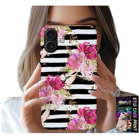 Funda para iPhone 16 - estampado de flores y rayas blancas y negras (1/5)