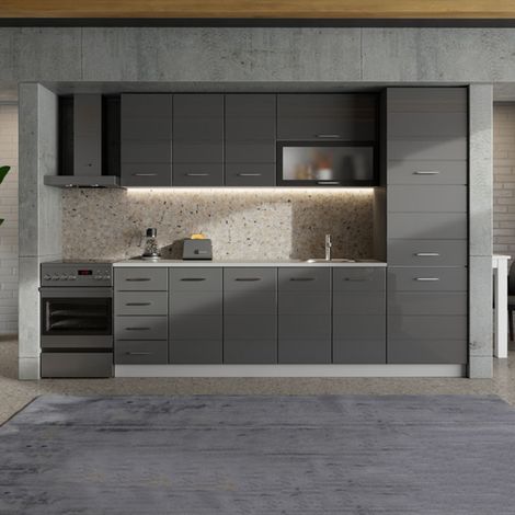 Vorratsschrank Cochem, Küchenschrank 6 Regale, Drehöffnung, 3 Türen, 60x58x214h cm Schwarz Anthrazit (1/5)