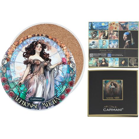 Carmani, sottobicchiere in ceramica per tazza/bicchiere. Ispirato ai dipinti di Alphonse Mucha. (1/4)