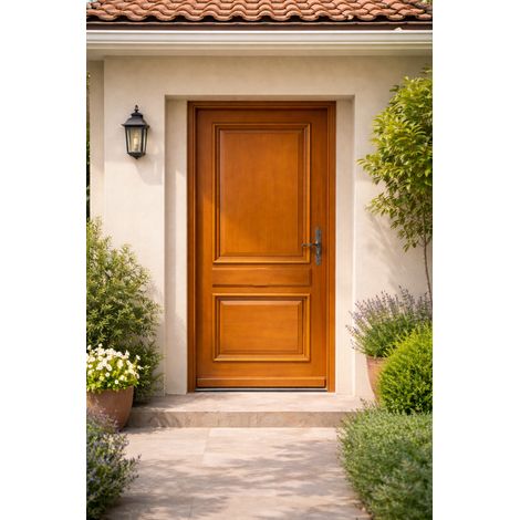 Puerta de entrada de madera maciza color azafrÃ¡n, h.215xl.90 cm, lado del tablero izquierdo, manilla, cilindro, GD MENUISERIES