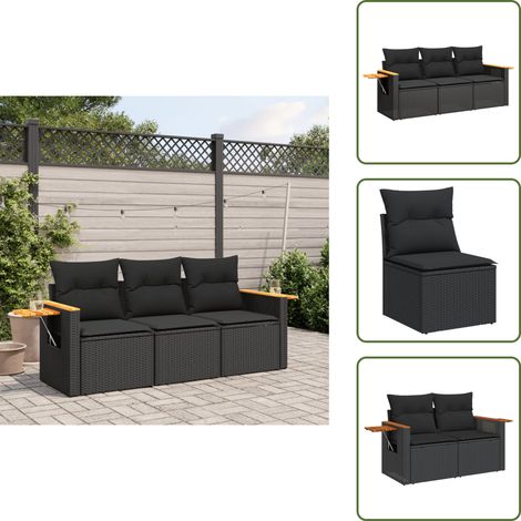 The Living Store 3-tlg. Garten-Sofagarnitur mit Kissen Schwarz Poly Rattan - Gartensortiment - Outdoor Möbel - Gartenlounge - Lounge Set - Rattan Gartenmöbel (1/5)