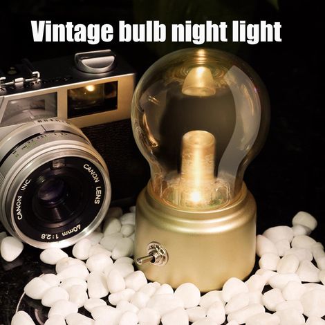 Veilleuse LED rétro, lampe de chevet avec ampoule, lampe de chevet rétro rechargeable par USB (dorée) (1/4)