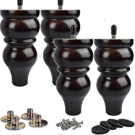 Ensemble de 4 pieds de meubles en bois de 15 cm, en bois massif noir, avec boulons M8 pré-percés et plaque de montage B, noir 6 (15 cm) (1/5)
