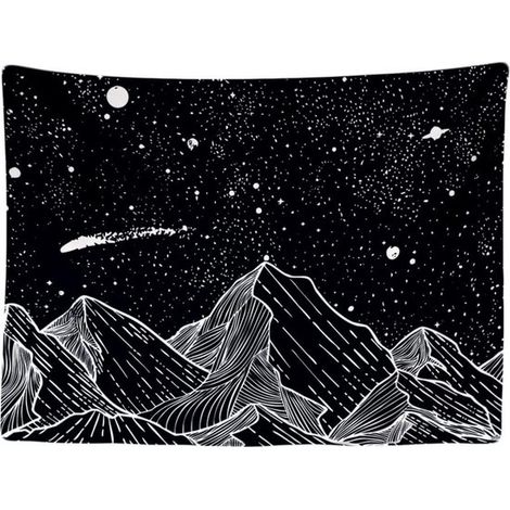 Tapisserie murale - Montagnes, Nature, Univers, Noir et Blanc - 200 x 150 cm - Grande tapisserie - Poster - Ciel étoilé - Décoration complète pour chambre d'adulte ou salon - Convient aux adolescents, (1/5)