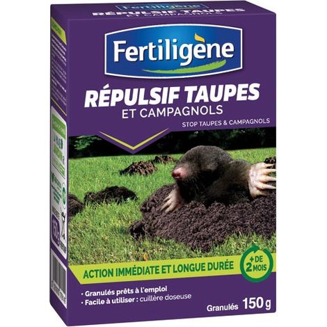 Répulsif taupes et campagnols granulés 150g – Efficacité immédiate – Action longue durée jusqu'à 85 jours – Prêt à l'emploi avec cuillère doseuse – Fertiligene