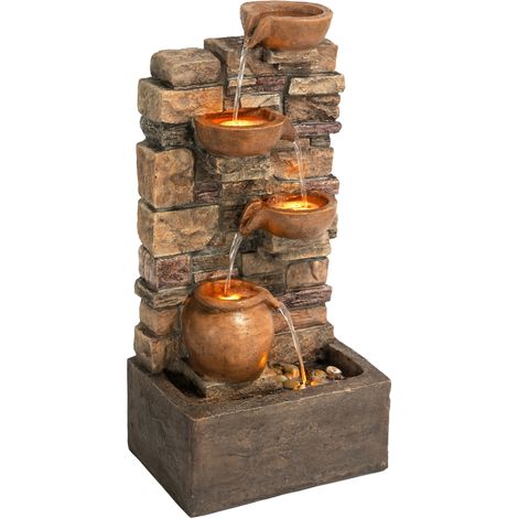 Teamson Home 4 stufiger Steinbrunnen Braun LED Wasserspiel Outdoor