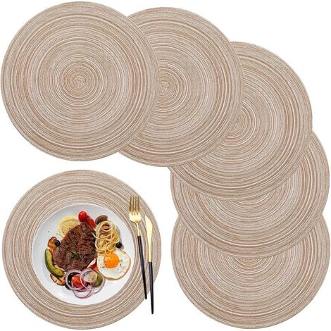 [NEVER USED] Placemats, Round Placemat PP Braided Set of 6 Washable Heat Resistant Non-Slip, 36cm, Coffee Color (1/4)