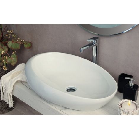 Lavabo bagno da appoggio senza troppo pieno 69x45x18,5 cm bianco Mues Mega