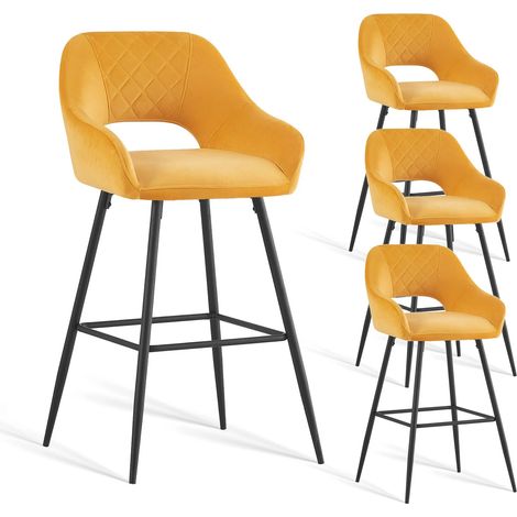 AINPECCA 4pcs Yellow Bar Stool Velvet Seat w/Backrest &Armrest Metal Leg Kitchen Breakfast