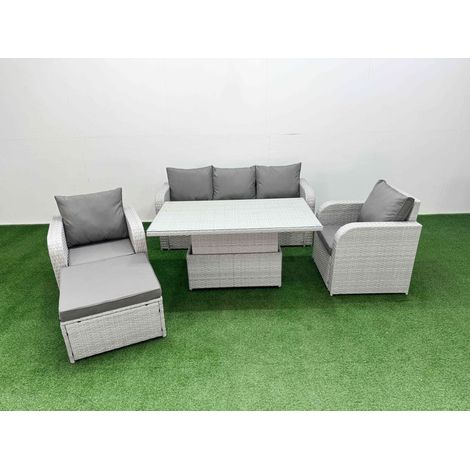 Fimous PE Rattan Garden Furniture Set Reclining Chair Sofa Lounge Sofa Set Adjustable Lifting Dining or Coffee Table Big Footstool Light Grey (1/4)