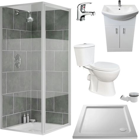 800mm Shower Suite White Pivot Cubicle Inc Tray 550mm Vanity Unit Toilet and Tap (1/5)