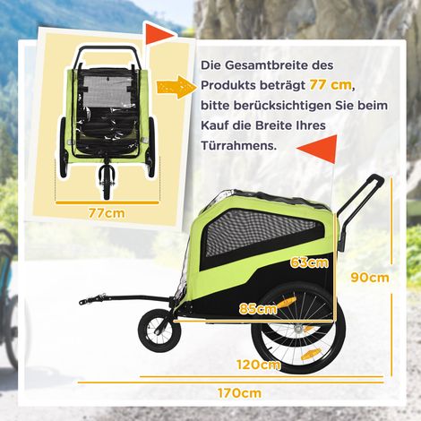 Remorque vélo chien 2-en-1, poussette canine avec bandes réfléchissantes, capacité 30 kg, pour grands chiens, tissu Oxford imperméable, vert (1/5)