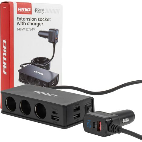 Adaptador divisor para toma de mechero con cargador 3xUSB-A USB-C QC 3.0 PD 3.0. 148W amio-04836 (1/5)