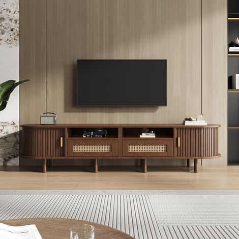 TV-Lowboard MDF in Dark Oak, 170,0 x 40,0 x 40,0 cm, oval, mit 2 Schubladen, 2 Schiebetüren und 8 Holzbeinen (1/5)
