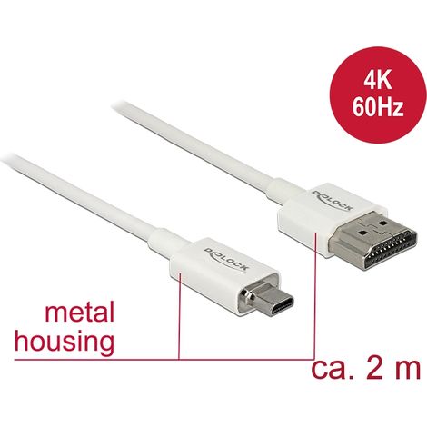 Cable HDMI micro Delock Slim de alta calidad con Ethernet 2m blanco 4K