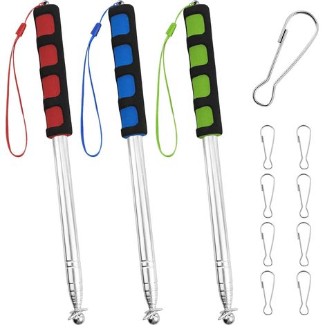Lot de 3 mâts télescopiques de 2 m - En acier inoxydable avec 9 clips - Avec 9 clips - Extensible - Pour voyage, camping, guide, enseignant (bleu et vert et rouge) (1/5)