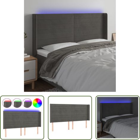 The Living Store Tête de lit à LED Gris foncé 203x16x118/128 cm Velours - Tête De Lit Led - Tête De Lit Velours - Tête De Lit Moderne - Éclairage Led - Têtière De Lit (1/5)
