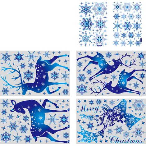 Décoration de Noël amovible pour fenêtre en verre : autocollant décoratif de Noël avec flocon de neige bleu et renne pour fête (1/5)