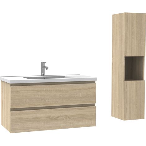 Acezanble Ensemble Acezanble meuble Salle de Bain simple vasque décor Chêne Wotan 100cm+ vasque + colonne