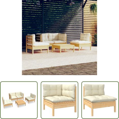 Terrassensofa - 5-tlg. Garten-Lounge-Set mit Creme Kissen Kiefer Massivholz (1/5)
