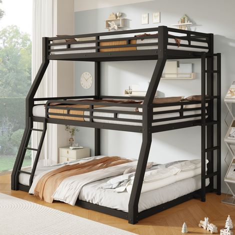 Lit superposé triple en métal 90x200 cm avec lits 120x200 et 140x200 cm, échelles sécurisées, cadre robuste pour enfants et adultes - Noir (1/5)