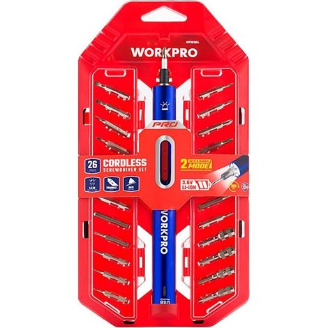 Tournevis Précision électrique Usb Rechargeable Usb, 26 Embouts, Li-ion 3,6v - Workpro (1/5)