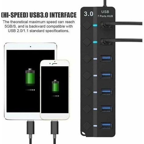 Hub USB 3.0 - - 7 Ports - 5 Gbps - Interrupteurs individuels - Design compact 17x4.5x2 cm (1/5)