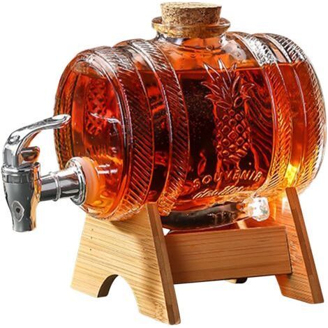 Distributeur de boisson en forme de tonneau 1 L, carafe à whisky pour alcool avec robinet, distributeur transparent avec support en bois pour vin, fût à whisky, limonade (JS-1) (A) (A) (1/5)