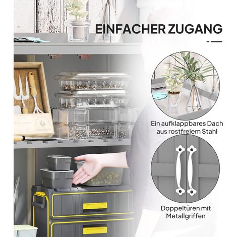 Armoire de jardin, rangement d'extérieur pour outils, avec plan de travail, bois et acier inoxydable, double portes, gris (1/5)