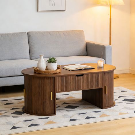 Table basse ovale plateau relevable + niches 100x50x40 cm décor noyer (1/5)