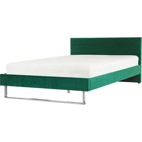 Cama doble tapizada en terciopelo verde 180 x 200 cm con cabecero patas doradas estilo glam Bellou (1/5)