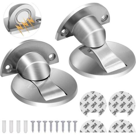 Lot de 2 butoirs de porte magnétiques en acier inoxydable - Butée de porte magnétique - En nickel brossé - Invisible et durable - Argenté - Sans perçage